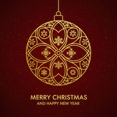 Elegant golden geometric Christmas bauble illustration on a deep red starry background, perfect for holiday greetings, New Year wishes, invitations, and festive promotions. Minimalist luxury design.