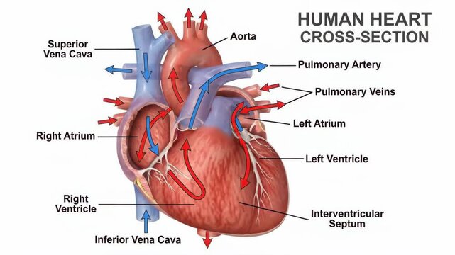 Human heart cross-section diagram illustrating blood flow through atria, ventricles, and major vessels like the aorta, pulmonary artery, and vena cava, detailing core circulatory processes