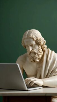 Classical marble statue of ancient Greek philosopher working on a modern laptop at a wooden desk, humorous contrast between antiquity and technology, symbolizing timeless knowledge, modern education