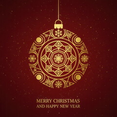Elegant golden geometric Christmas bauble illustration on a deep red starry background, perfect for holiday greetings, New Year wishes, invitations, and festive promotions. Minimalist luxury design.