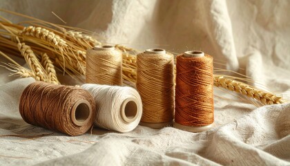 Warm threads autumn sunlight fabric texture, cozy spools in soft golden light with wheat, creative textile inspiration and natural rustic atmosphere.