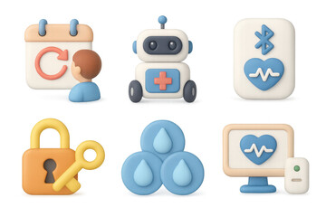Minimalist healthcare icon set featuring robot, bluetooth, and security elements for modern design projects