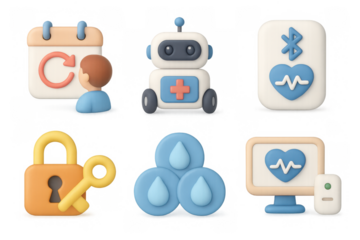 Minimalist healthcare icon set featuring robot, bluetooth, and security elements for modern design projects