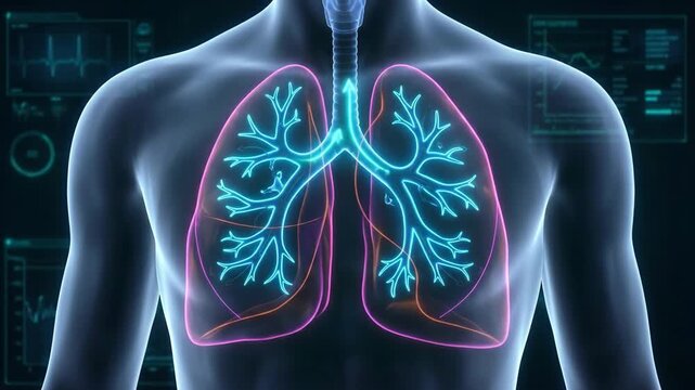 Human body scan visualizing the lungs and trachea, highlighting the process of breathing with neon paths indicating air ingress and egress in a futuristic healthcare context