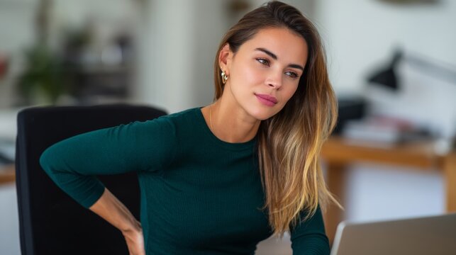 A thoughtful young woman with long, wavy hair sits at her desk, reflecting on her work in a modern, well-lit office space. - Powered by Adobe