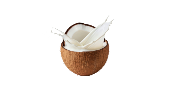 Fresh Coconut Water Splashing Dynamically from a Real Split Coconut on White Background