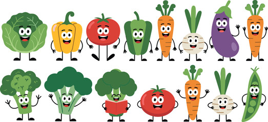 Cute Cartoon Vegetable Character Vector Set Featuring Cabbage, Pepper, Tomato, Carrot, Eggplant, Broccoli, Radish, and Pea Pod with Happy Smiling Faces.