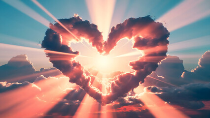 sunset heart shape formed by clouds with radiant light beams Valentine's Day