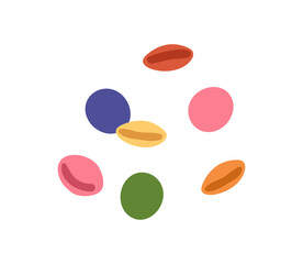 Dragee candies, sweets. Sugar-coated colorful snacks, little bonbons, smarties falling. Scattered assorted confectionery, chewy sugary food. Flat vector illustration isolated on white background