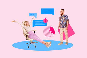 Exclusive artwork banner creative collage of two happy business partners receive diagram statistics development text box