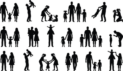 Black Silhouettes of Families in Bonding Poses – Parents and Children Walking, Playing, Lifting – Love, Togetherness, Relationship Concept