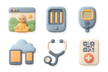 Innovative health technology icons featuring meditation, devices, and medical tools for modern design