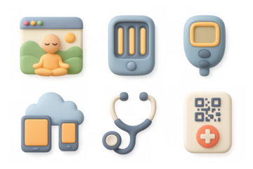Innovative health technology icons featuring meditation, devices, and medical tools for modern design