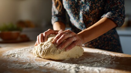 A woman in a floral dress kneads dough on a flour-dusted countertop, capturing the essence of homemade baking.