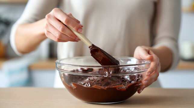 A woman mixing rich chocolate batter in a glass bowl, showcasing culinary skills and delicious treats in a cozy kitchen setting. - Powered by Adobe