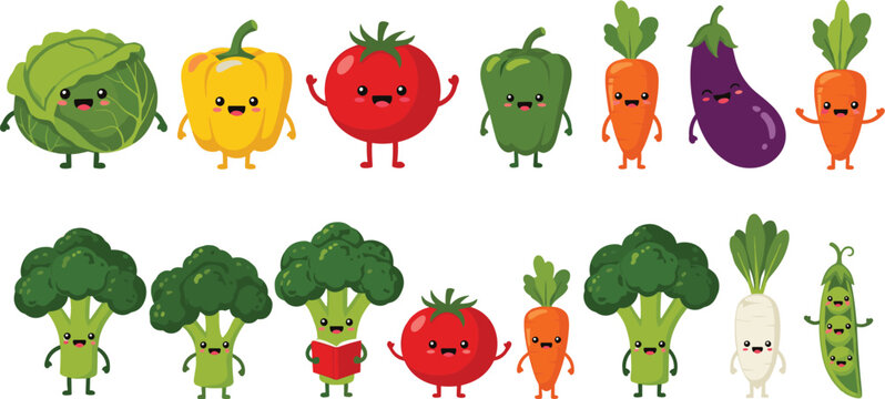 Cute Cartoon Vegetable Character Vector Set Featuring Cabbage, Pepper, Tomato, Carrot, Eggplant, Broccoli, Radish, and Pea Pod with Happy Faces. - Powered by Adobe