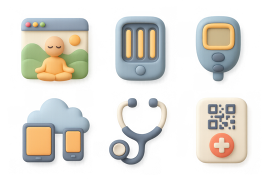 Innovative health technology icons featuring meditation, devices, and medical tools for modern design