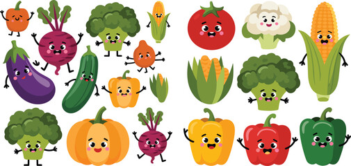 Mega Cute Cartoon Vegetable Character Vector Set Featuring Happy Corn, Broccoli, Beetroot, Eggplant, Cucumber, Pumpkin, and Bell Peppers with Arms and Legs.