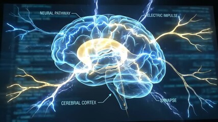 Labeled transparent human brain displaying complex neural pathways, synapses, and electric impulses, illustrating advanced neuroscience and technology concepts on a dark digital background with code - Powered by Adobe