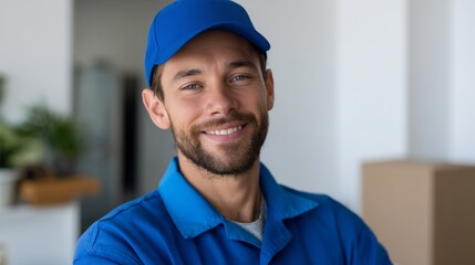 Smiling young Caucasian delivery man in blue uniform and cap, showcasing a friendly demeanor in a modern workspace.