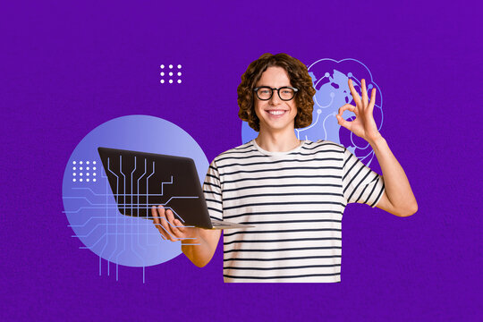 Pop zine full art photo collage of happy girl guy hold laptop phone artificial intelligence app programming gpt chat helper bot