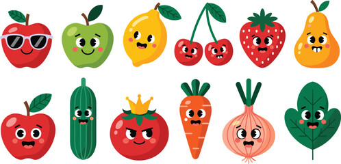 Cute Cartoon Fruit and Vegetable Vector Set Featuring Happy and Worried Apple, Lemon, Cherry, Strawberry, Cucumber, Carrot, Tomato King, and Onion Characters.