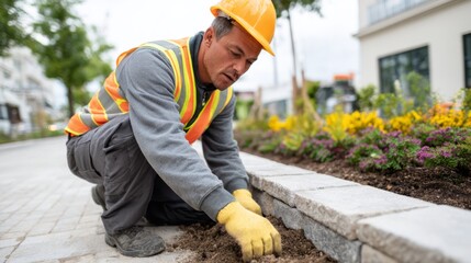 Male construction worker, wearing safety gear, plants flowers in a landscaped area, showcasing dedication to urban beautification.