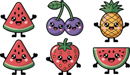 Super Cute Kawaii Fruit Character Vector Set Featuring Happy Watermelon Slices, Cherries, Strawberry, and Pineapple with Smiling Faces and Arms.