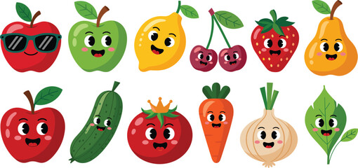 Cute Cartoon Fruit and Vegetable Character Vector Set Featuring Happy Apple, Lemon, Cherry, Strawberry, Cucumber, Tomato, Carrot, and Onion Faces.