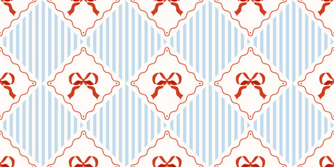 Coquette seamless pattern red bow with ribbon on white and blue backdrop. Striped wrapping paper background for birthday, holiday and Christmas. Cute repeat wallpaper texture. Vector illustration