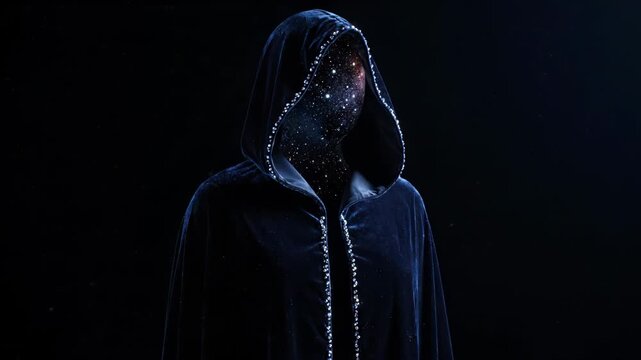 A mysterious hooded figure emerges from a cosmic constellation. The cloaked entity reveals a mesmerizing starry universe within.