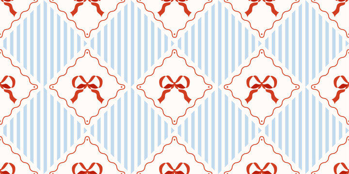 Coquette seamless pattern red bow with ribbon on white and blue backdrop. Striped wrapping paper background for birthday, holiday and Christmas. Cute repeat wallpaper texture. Vector illustration