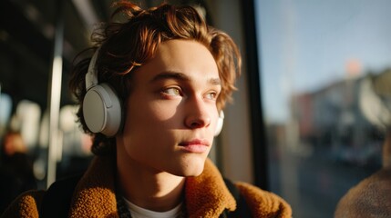 A young Caucasian man in cozy attire gazes thoughtfully out the window while listening to music on his headphones.