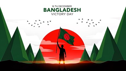 Bangladesh Victory Day: Patriotic Silhouette with Flag, Red Sun, Green Geometric Landscape