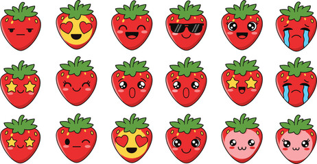 Mega Cute Kawaii Strawberry Emoji Vector Set Featuring Various Faces, Expressions, Sunglasses, Hearts, and Stars for Social Media and Food Fun.