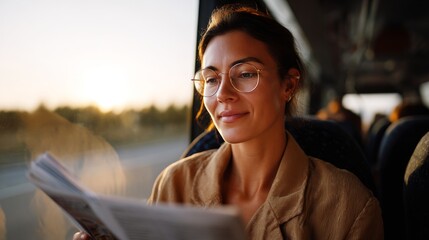 A young Caucasian woman with glasses enjoys reading a magazine while traveling on a bus during sunset.