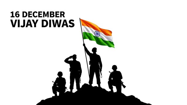 Indian Vijay Diwas: Silhouette Soldiers with Flag, Celebrating Victory, December 16th.