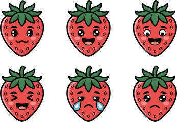 Cute Cartoon Strawberry Emoji Vector Set Featuring Various Emotional Expressions Including Happy, Crying, Surprised, Winking, and Sad Faces for Social Media.
