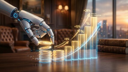 A robotic hand interacts with stacks of coins next to a glowing bar graph showing compound growth and wealth accumulation, symbolizing automated long-term financial success.