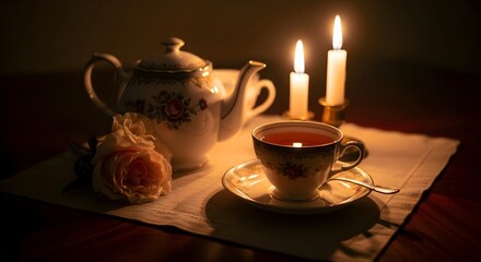 Fototapeta premium Intimate Vintage Tea Set and Teacup Lit by Warm Candlelight
