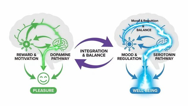 Infographic explaining the integration and balance of dopamine and serotonin pathways in the brain, impacting reward, motivation, mood, regulation, pleasure, and overall well-being