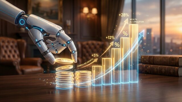 A robotic hand interacts with stacks of coins next to a glowing bar graph showing compound growth and wealth accumulation, symbolizing automated long-term financial success.