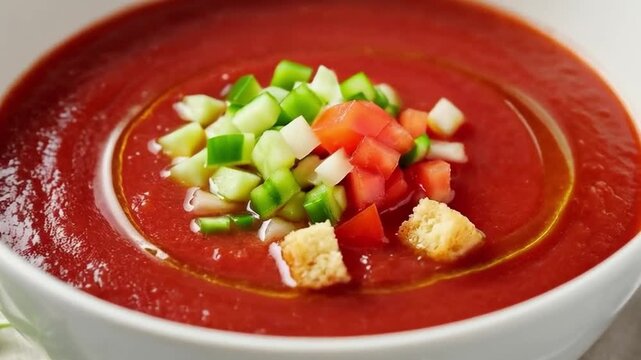 Gazpacho andaluz servido en cuenco con tropezones de verdura fresca y aceite de oliva virgen extra
