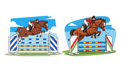 Two equestrian riders on horseback jumping over colorful obstacles in a competition silhouette