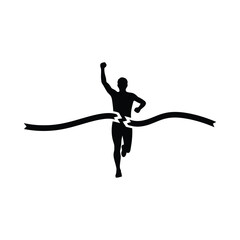 Runner breaking finish line tape race winner vector icon, Finish line crossing runner icon