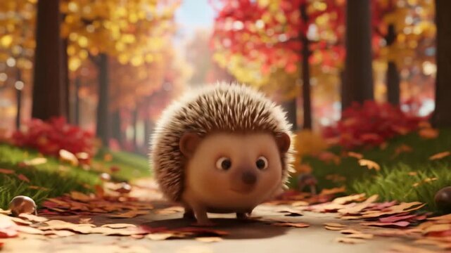 Cute animated hedgehog walking through an autumn forest path covered in leaves.