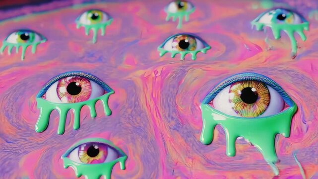 Green liquid eyes dripping from a purple textured surface
