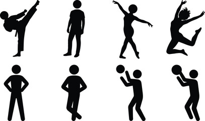 Black Silhouettes of People in Diverse Poses – Martial Arts, Ballet, Sports, Casual Standing – Motion, Activity, Lifestyle Concept
