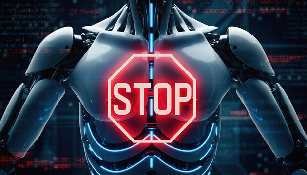Cybernetic Stop: An advanced android figure with glowing neon accents showcases a 'STOP' symbol, signifying a halt or warning. The image highlights the intersection of technology, control.