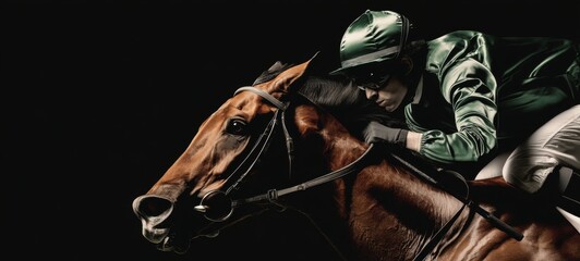 Young male jockey mid-stride on horseback, streamlined posture, profile view with motion blur, cinematic high-contrast image in rich chestnut brown and emerald green tones